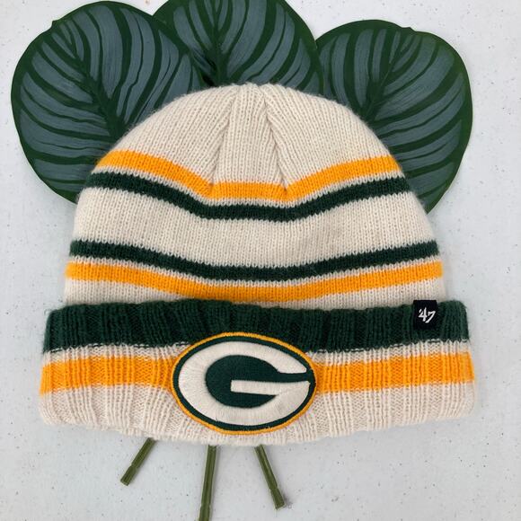 47 NFL Football Green Bay Packer Yellow White Stripe Knit Logo Winter Beanie Hat - Picture 1 of 7